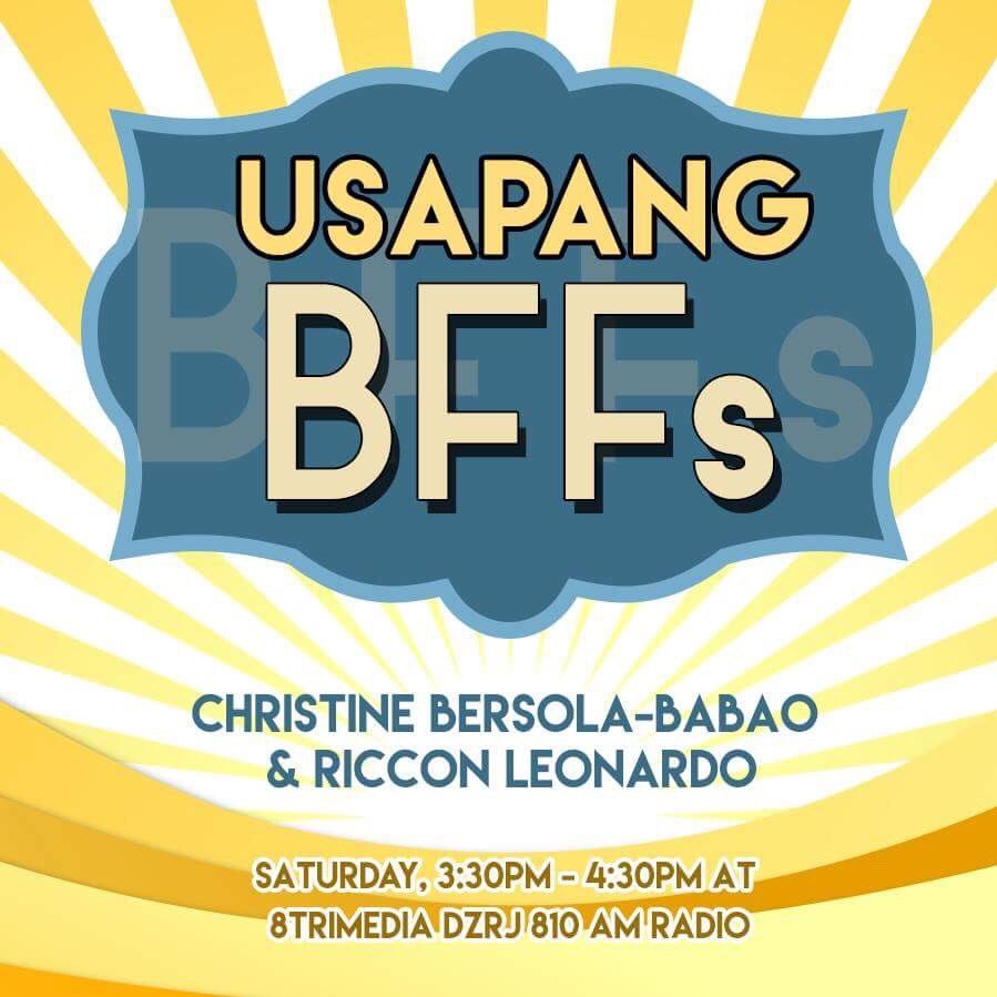 #UsapangBFFs is a radio talk show hosted by @christinebbabao and @ricconleonardo. It airs on @8Trimedia DZRJ 810AM every Saturday 330PM-430PM.