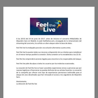 afecta2FelDlive's profile picture. Afectados por la empresa Feel The Live, encargada de retransmitir el concierto Más es Más de Alejandro Sanz, y la cual dejó colgados a muchos usuarios