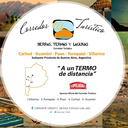 CORREDOR TURÍSTICO SIERRAS, TERMAS Y LAGUNAS
Integrado por: Carhué, Guaminí, Puan, Tornquist, y Villarino.
Estamos en el Sudoeste de la Provincia de Bs As (ARG)