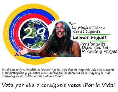 Por el 5to objetivo del Plan de la Patria y el 9no punto de nuestro Presidente Maduro, vota por el N 29 Sector Pensionados. La candidata de la Madre Tierra.