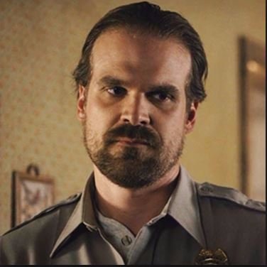Olimparis's profile picture. More than 40-year-old. So badly shaved as chief Hopper. Fan account. #NoAgeLimitForST