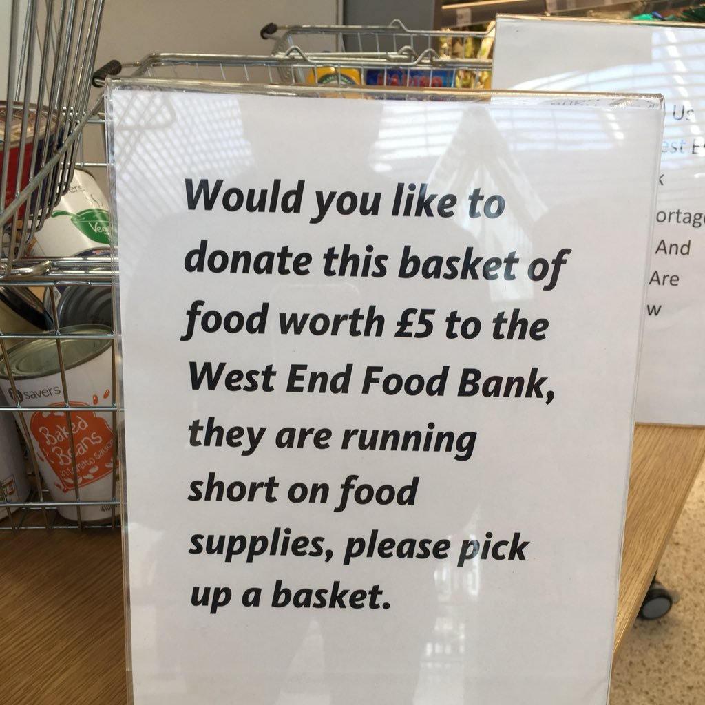 This one simple idea increases donations to your local foodbank by 100%. Ask a manager to place pre-filled baskets at entrance for £5 each to buy. NOW!