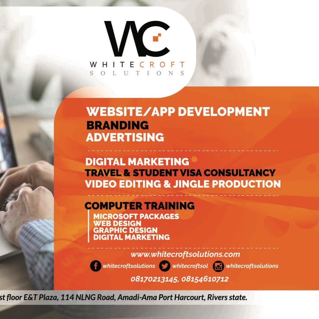 Whitecroft solutions is a design & innovative Agency.
Services include; Web & Graphic design, Travel consultancy.
info@whitecroftsolutions.com
08170213145
