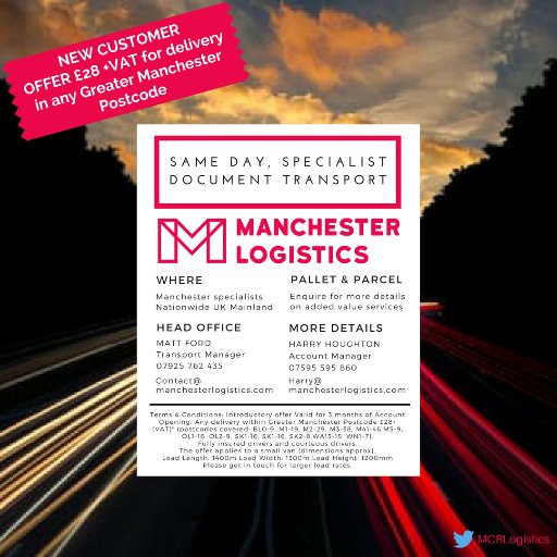 24/7 Secure Document & Pallet Distribution. Offer: Any Delivery within Greater Manchester £28 + VAT