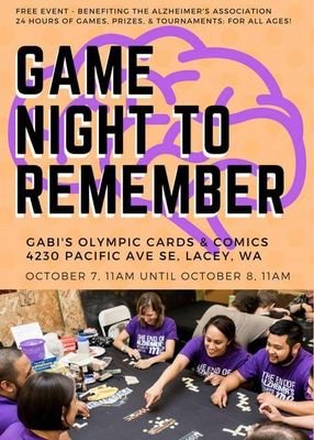Game Night To Remember is a free community event where volunteers play tabletop games with the public for 24 hours, to benefit the Alzheimer's Association.