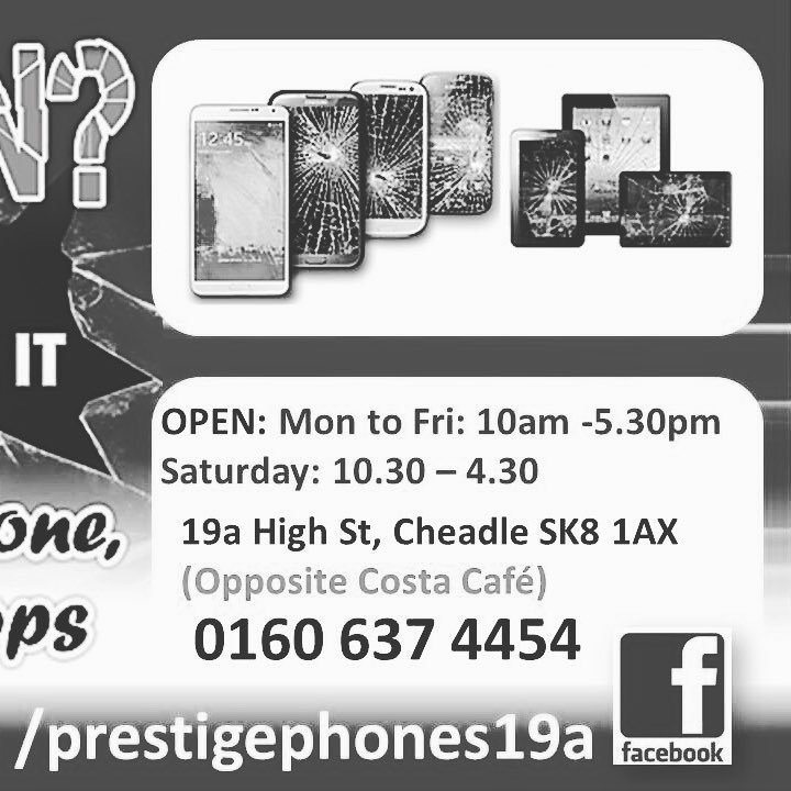 Prestige Phones, is a Retail business, based in 19A High Street, Cheadle SK8 1AX. SERVICE: Mobile Phones/Tablets/IPads/Laptop.Buy, Sell, Repairs, Accessories.