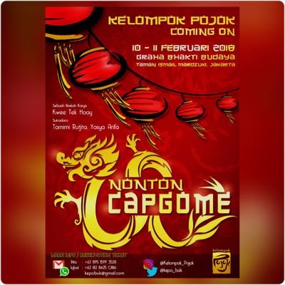 NontonCapgomeh's profile picture. NONTON CAPGOMEH
🗓 10-11 Febuari 2018
🏛 Graha Bakti Budaya, TIM