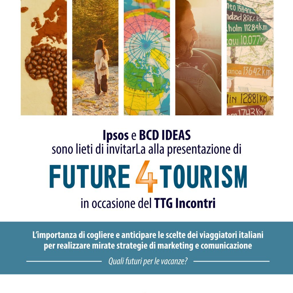 Progetto di studio delle tendenze future del turismo nato nel 2017 dalla collaborazione tra IPSOS e BCD IDEAS. Per informazioni : info@future4tourism.it