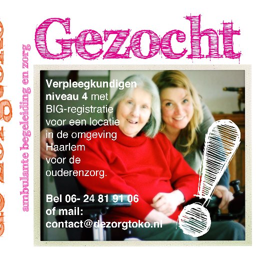 *Werving * Begeleiding  * Zorg  * Dagbesteding  * Bemiddeling  * Advies  * Doorverwijzing  * Aanvraag voorzieningen  * Organisatie zorgteams  * Vernieuwing