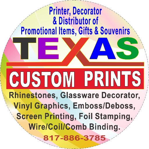 TXCustomPrints's profile picture. Printer, Decorator & Distributor of Promotional Items, Gifts & Souvenirs. Rhinestones, Vinyl Graphics, Screen Printing, Foil Stamping, Wire/Coil/Comb Binding.