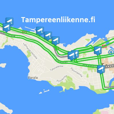 Automaattisia tiedotteita Tampereen keskustan alueelta. Eräs lähde: Fintraffic / https://t.co/iKRlJjCpGQ, lisenssi CC 4.0 BY.