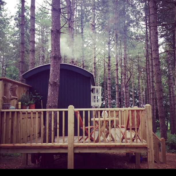 Glamping getaways in Norfolk surrounded by the forest at Happy Valley.. #hottub #shepherdshuts #Norfolk #UK #Glamping hello@happyvalleynorfolk.co.uk #treehouse