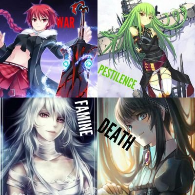 War: (Height: 5'3) #Single
Pestilence: (Height: 4'8) #Single
Famine: (Height: 5'7) #Single
Death: (Height: 5'11) #Single