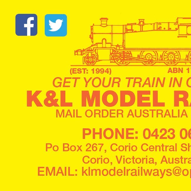 We offer a wide range of Model Railway and Hobby products we have EFTPOS Merchant Facilities and Mail Order so GET YOUR TRAIN IN ON TIME AT K&L MODEL RAILWAYS.