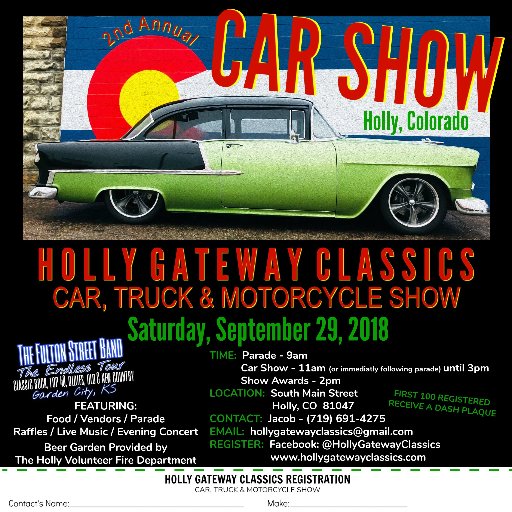 Holly Gateway Classics Car Show. Open show for cars, trucks, and motorcycles. September 29, 2018 Holly, CO 81047