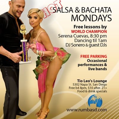 Salsa n Bachata Mondays @ TIO LEO'S LOUNGE and various other venues. Dancing, shows, live bands and free lessons. https://t.co/oKH1qHSuWG