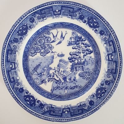 Blue and white china made in Stoke-on-Trent, recording the political landscape in pottery.