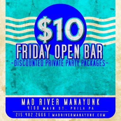 Known for high energy, fun music, and welcoming staff,Mad River Bar & Grille at 4100 Main street is Manayunk's go-to destination.!