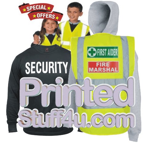 Specialists in printed work wear and high Viz.  First Aid, Fire safety, Printed Hoodies & Jumpers.  Printed Childrens HiVis. Call Sales Free on 0800 644 5200