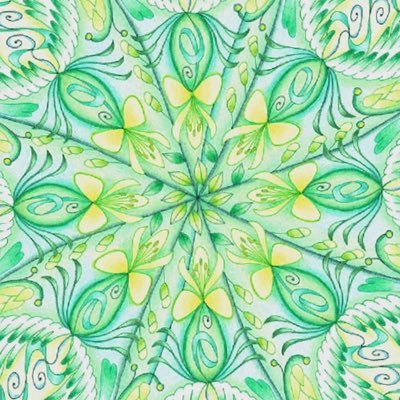 涼葉えりこ Mandala Book受付中 夏至の緑 14年作 水彩で画用紙に 幾何学模様を描いた上に トレーシングペーパーを重ね 油性ペンで細かな模様を描き 色鉛筆で彩色しています 透明感がある作品に なりました マンダラ マンダラアート 幾何