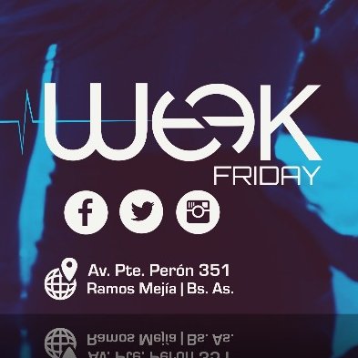 Twitter Oficial de Week de Ramos Mejia
 +Info: 1164694106  
Av.Pte.Peron (ex gaona) 351- Ramos Mejia