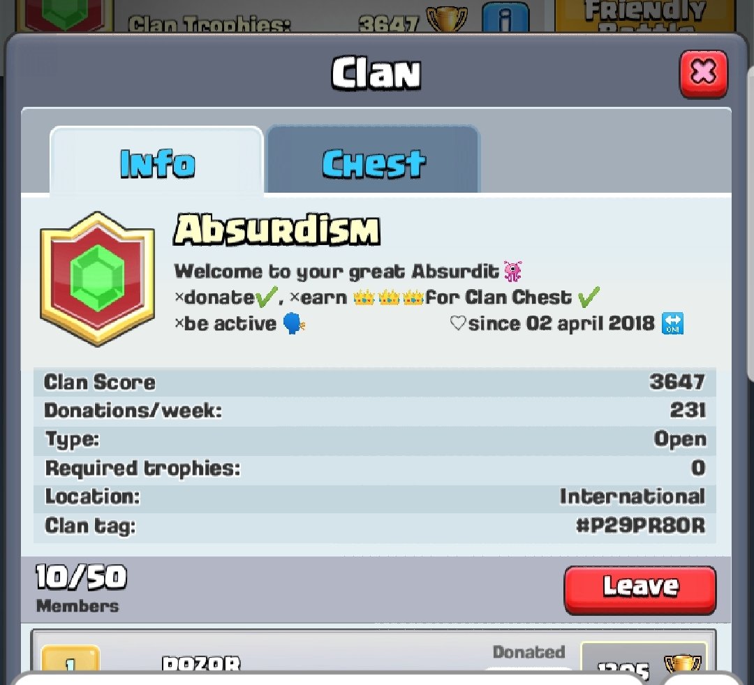 Join the clan #absurdism #clashroyale
We donate 
We are friendly and active 
The more players will join the more we likely to grow better.
Clan tag : #P29PR80R