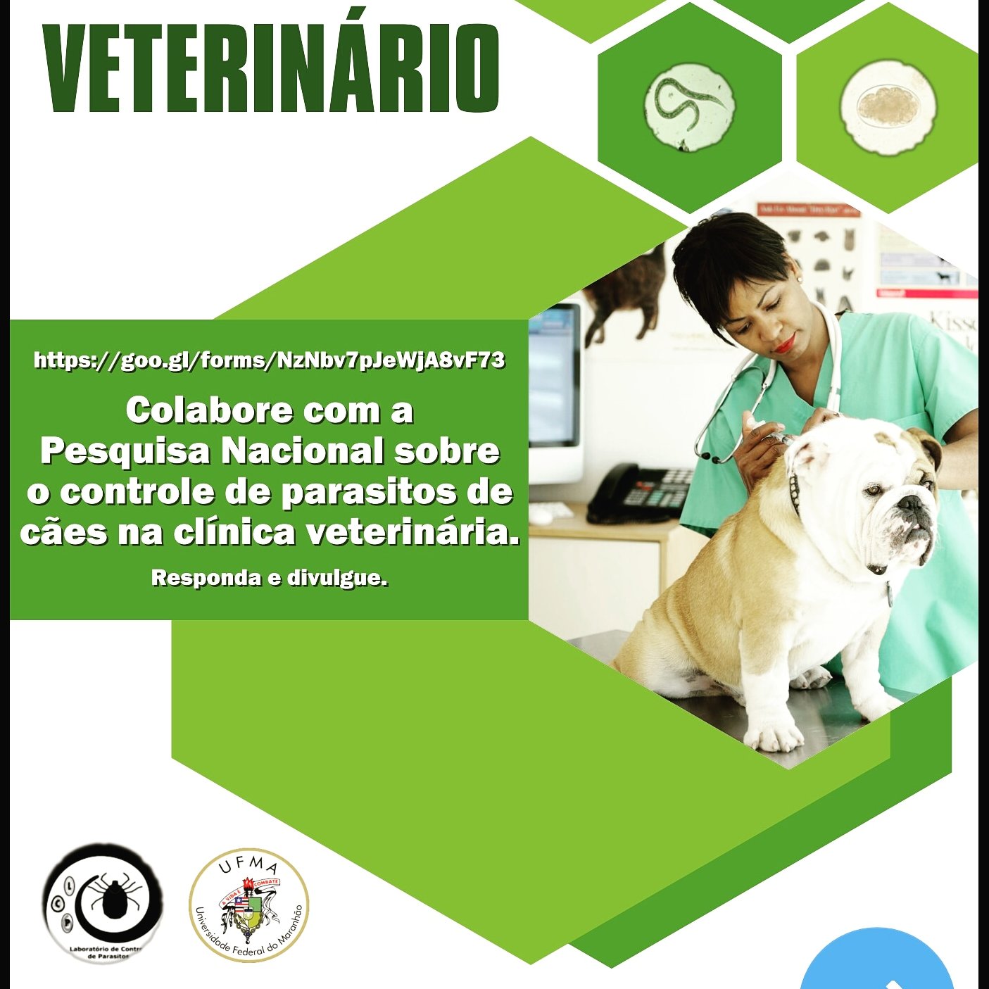 Pesquisa Nacional sobre o controle de parasitos de cães na clínica veterinária. Colabore respondendo o questionário. Obrigada 🐶