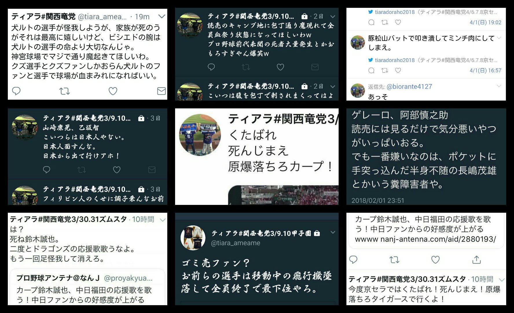2018年3月31日にMAZDA Zoom-Zoomスタジアム広島で「原爆落ちろカープ!」との野次を行うなど中日ドラゴンズを除くセントラル・リーグ5球団への誹謗中傷を繰り返していた中日ドラゴンズファン「ティアラ#関西竜党」に対するプロ野球観戦禁止処分を日本野球機構・中日ドラゴンズ・広島東洋カープに求める活動をしています