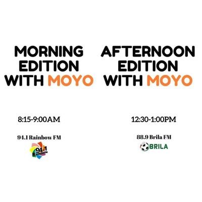 EDITIONS WITH MOYO OYATOGUN:
● Weekdays| 8:15 -9:00am | 94.1FM. ●Mon,Wed &Fri| 12:30pm| 88.9 FM.
●Wednesdays| 7:00pm | 90.9 FM. Whatsapp only - 08090851488.