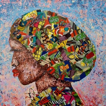 Ugandan visual artist and mainly works with kitenge fabrics on canvas and acrylics mostly works with mixed medium art fact @tindicolours studio