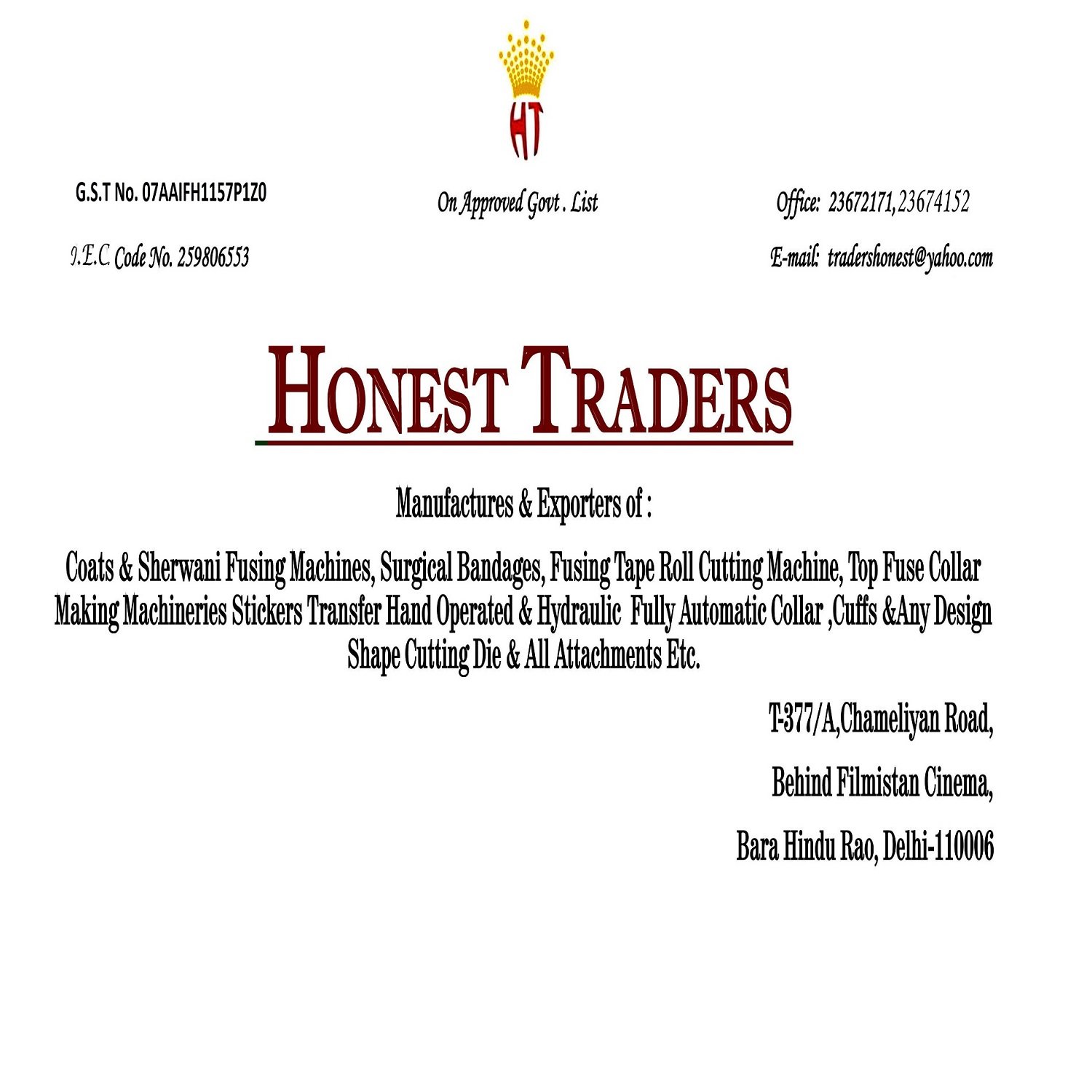traders_honest's profile picture. All types of sherwani, coat fusing and cutting machines, surgical bandages, fully automatic collar cuff laser dies. Garment cutting, fusing machine in Delhi