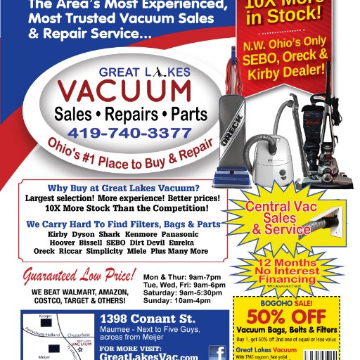 Toledo's Largest selection of New Vacuums!
We stock most hard to find Parts, Bags, Belts, and Filters!
Vacuum Cleaner Experts!
Expert Repairs!