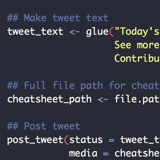 A Twitter bot that posts a random #rstats cheatsheet each day. Sourced from Rstudio - no affiliation. By @seabbs