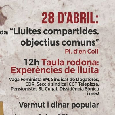 Stc1maig's profile picture. Lluites compartides, objectius comuns!💪

📌El proper 28 d'abril vine a compartir experiències de lluita amb nosaltres!

I l'1 de maig... tothom al carrer!!