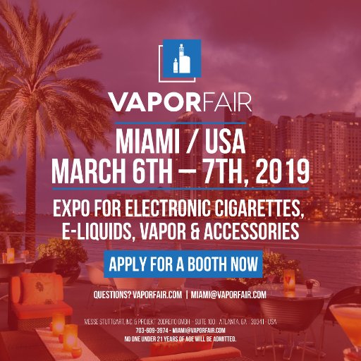 VaporFairUSA's profile picture. Apply for a booth now at the world’s largest Vapor Lifestyle Expo 💨💨! The VaporFair is coming to 🌴 ☀️Miami,USA 🇺🇸! Contact us today at ✉️ Miami@hookahfair.com