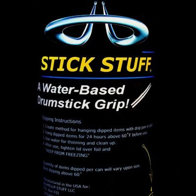 Stick Stuff Grip is a water-based rubberizing product you dip, coating a hand grip on your sticks or tools Customize your choice of drumstick with your own grip