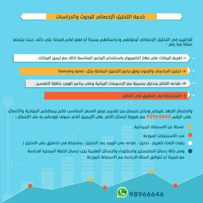 analyzedata97's profile picture. ‏لطلاب الدراسات الجامعية والدراسات العليا متخصصون في التحليل الإحصائي للبحوث والدراسات بإستخدام أدق البرامج الإحصائية الحاسوبية للتواصل واتساب98966646