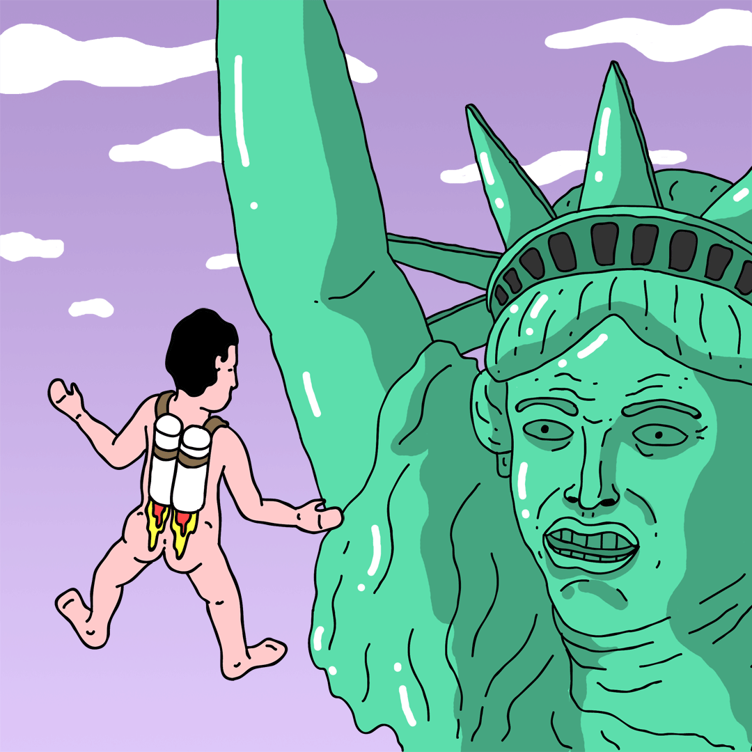 “Man flies near Statue Of Liberty on a jetpack. #gif #illustration #statueo...