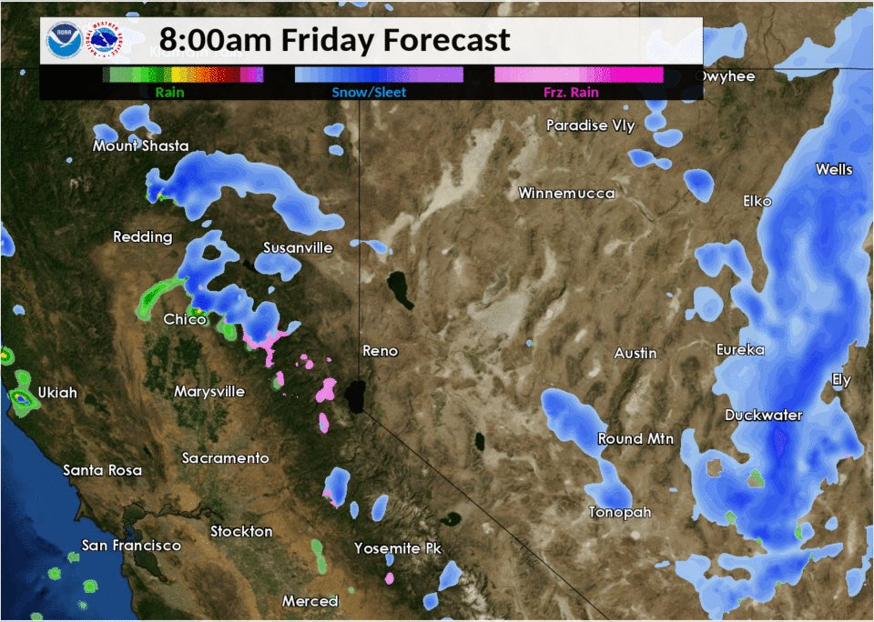 Valley and mountain snow showers will continue this morning with the greatest chances over central Nevada and right along the Sierra crest. Colder air has filtered in this morning with snow levels falling to all valley floors while showers are becoming less numerous.