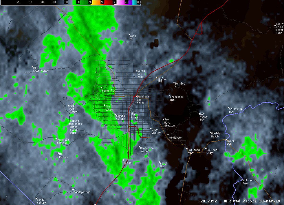 β Local Evening Radar Update: Showers continue to stream in from the south and will continue into tonight. Wet roads are likely, especially in west #LasVegas, so slow down and expect delays for your commute home #nvwx #vegasweather π