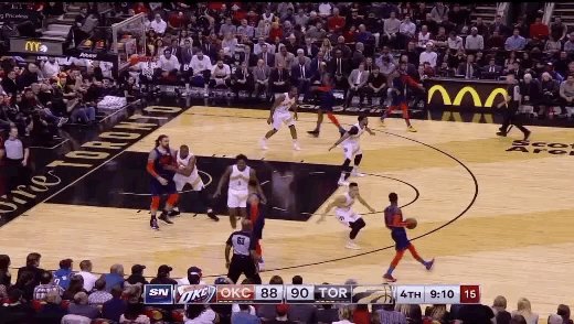 Huge play here from the Schredder, who was huge all night. Thunder had grown a 5 point lead, but the Raptors fought back to take the lead. Schröder knocks this down And-1. Huge play.