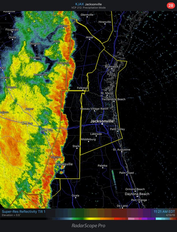 11:35 AM: Move to your safe place! The squall line of severe thunderstorms continues moving rapidly northeastward through #Gainesville and will approach downtown #Jacksonville and #Brunswick shortly after noon. Damaging wind gusts are possible! #flwx #gawx