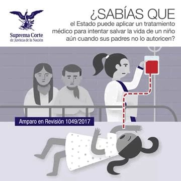 Una niña requería de transfusiones sanguíneas para salvar su vida, sus padres se opusieron por ser contrario a su religión. Es válido que el Edo interfiera la autonomía parental para proteger el derecho a la salud y a la vida de la niña:SCJN AR 1049/2017 http://bit.ly/2JpwYGl