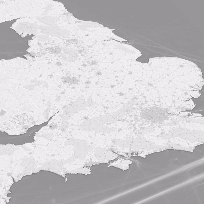 Love all the monochrome mapping on twitter based on @pinakographos competition - here is my tilt on it in animated form. AO drive time mountains for populated cities/town in the UK #dataviz #map