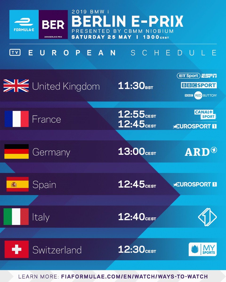 How to watch the 2019 #BerlinEPrix! Can't find your country? Click here >> https://www.fiaformulae.com/watch/ways-to-watch … #ABBFormulaE