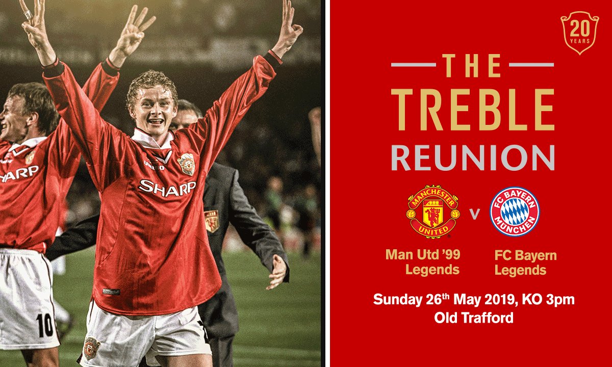 #ad See Ole Gunnar Solskjaer lace up his boots alongside Teddy Sheringham, Dwight Yorke and Andy Cole for the Treble Reunion match at Old Trafford on 26thMay 2019. Limited tickets are still available. Go to http://manutd.com/treblereunion or call 0161 868 8000 to buy now #Treble99