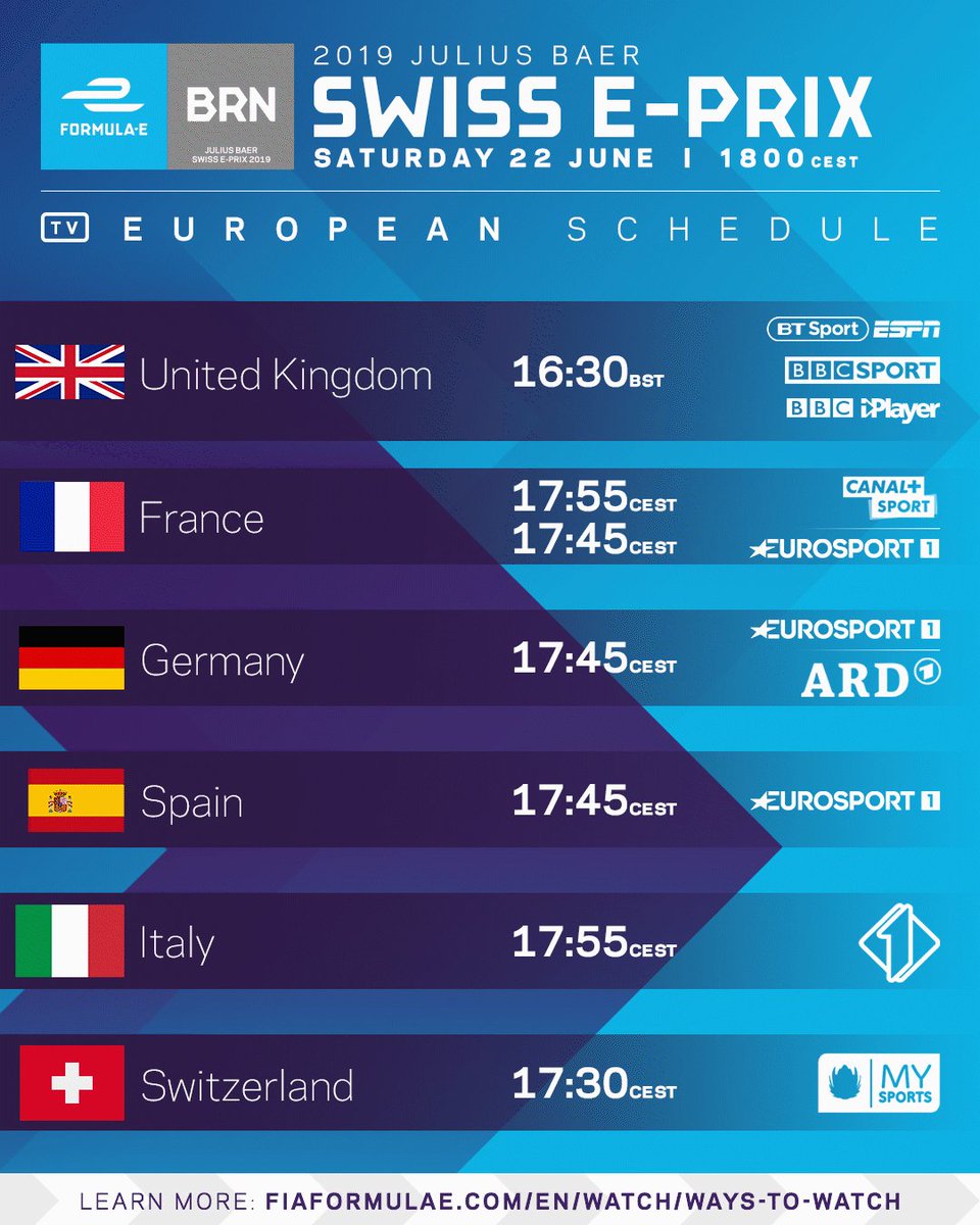 How to watch the 2019 @juliusbaer #SwissEPrix! ๐บโก๏ธ
Canโt find your country? Tap this link now ๐ >> https://www.fiaformulae.com/watch/ways-to-watchย โฆ #ABBFormulaE