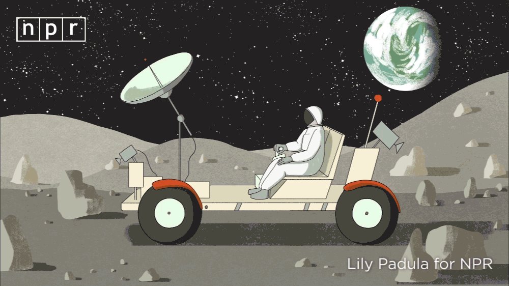 (3/3) Driving on the moon is way more extreme than off-roading on Earth: there's 6 times less gravity –– if you hit a rock, you'll go flying.
So engineers created airless tires made of springy, woven steel wire –– paving the way for today's "spring tire." https://n.pr/2Y3wgEC