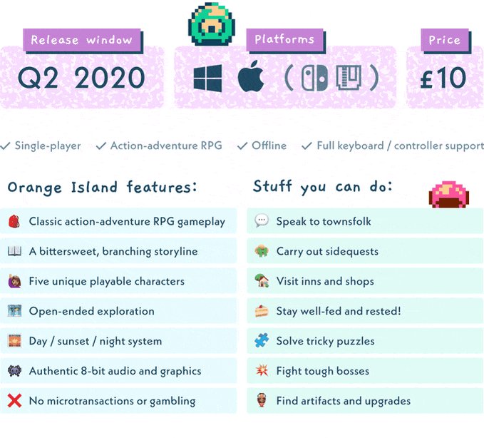 We're not just a bunch of nice pixels! We're gonna be a whole game, with features and things to do!
Help us get on SWITCH: http://bit.ly/orange-island
#gamedev #indiedev #retrogaming #kickstarter #pixelart #neslike #nesdev #indiegame #dotpict #8bit #chiptune #homebrew