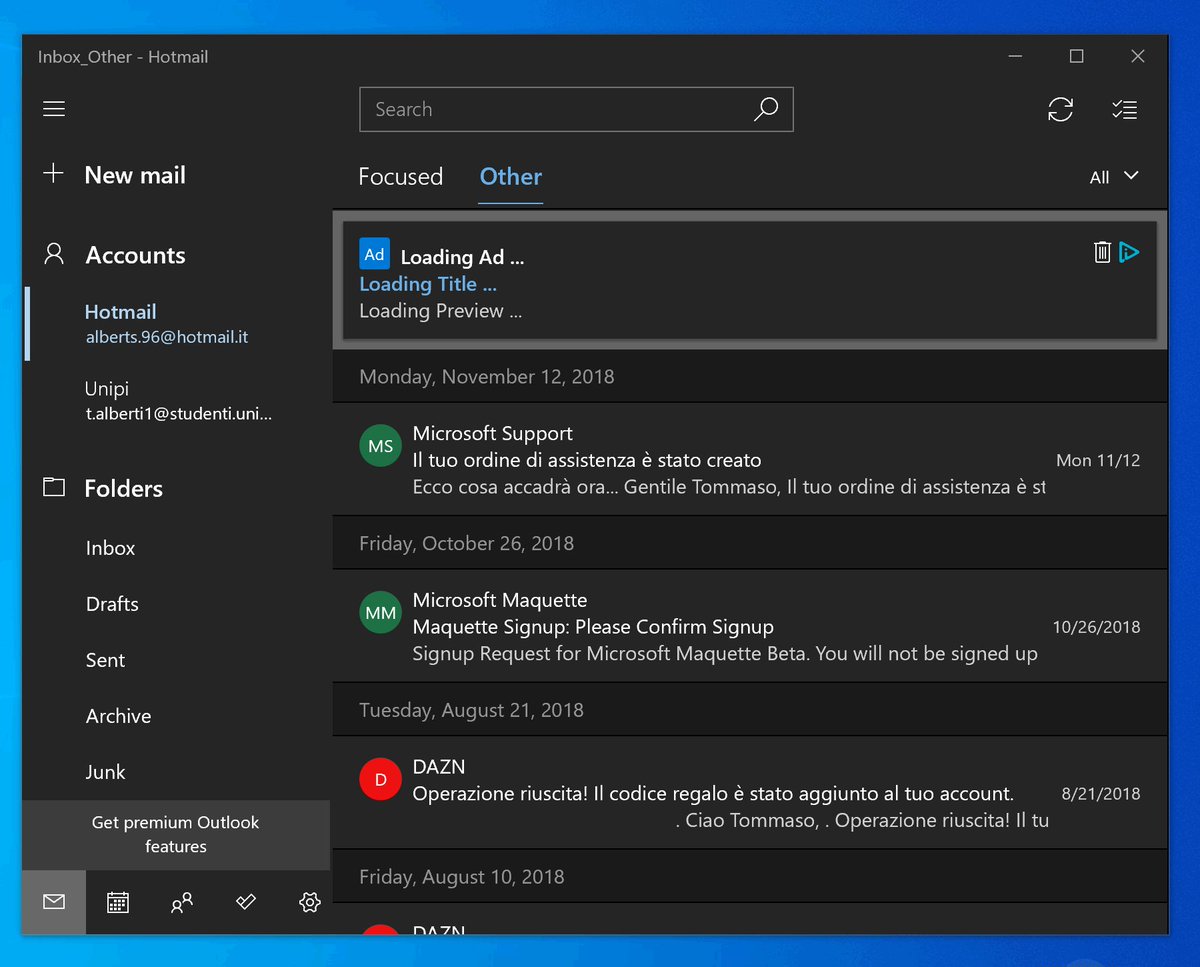 Microsoft стала тестировать рекламу в почтовом приложении Mail для Windows 10